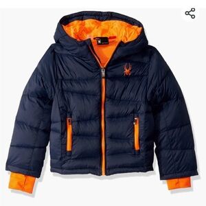 Spyder boys water resistant hooded nexus puffer jacket navy orange size M 10/12